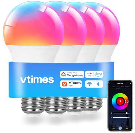 VTimes Smart Light Bulbs, WiFi & Bluetooth Light Bulb, Work with Alexa and Google Home, A19 E26 RGBCW LED Color Changing Light Bulb, 16 Million Colors, Dimmable 2700K-6500K, 9W, 800 Lumens 4 Pack