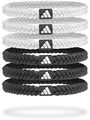 adidas Haargummis 6er-Set - Geflochten, Schwarz & Weiß | Flachgeflochtene Sporthaarbänder mit Adidas-Logo-Badge – sanft, elastisch, langlebig