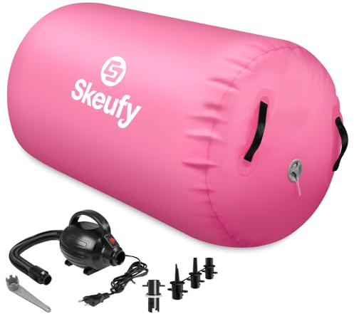 Skeufy Uppblåsbara airtrack lufthjul, yoga gymnastik, gymnastikmatta, gym lufttunna, luftgymnastikmatta för hemmet, utomhus, fitness, rosa, 120 x 90 cm