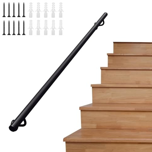 Pasamanos de Escalera de Tubo Redondo de 1m 1.5m 2m 2.5m 3m de Hierro Forjado Negro para Exteriores e Interiores, con Montaje en Pared y Accesorios de Seguridad(150cm)
