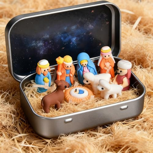 Mini Christmas Nativity Set In A Tin Box, Nativity Scene, Portable Pocket Nativity Scene Decoration Set, Resin 3D Holy Family Baby Jesus Figurines Portable Christmas Ornament For Christmas Decorations