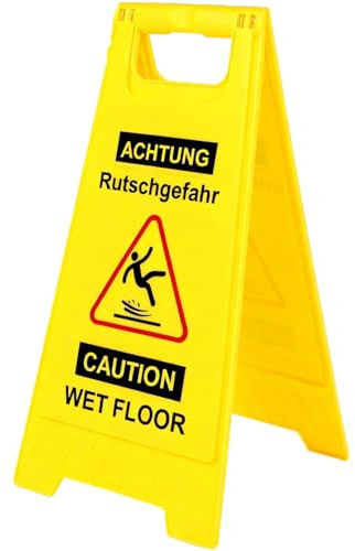 Luimode Achtung Rutschgefahr Aufsteller Caution Wet Floor klappbar, Warnschild vor Glätte, beidseitig beschriftet, Deutsch Englisch Zweisprachig Hinweisschild, gelb