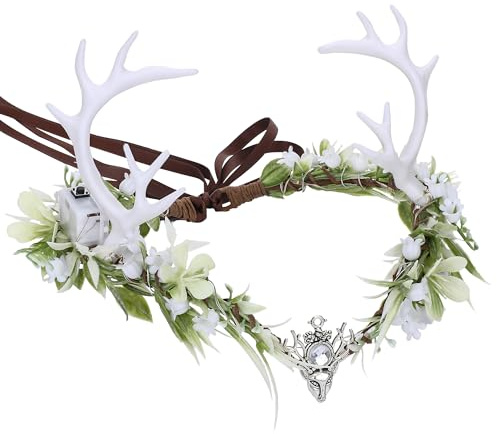 MOSTORY Hirschgeweih Krone Elfen Kopfschmuck für Faschingskostüme Damen, Beleuchtetes Waldfee Kranz mit Blatt und Blumen für Karneval Reh Kostüme