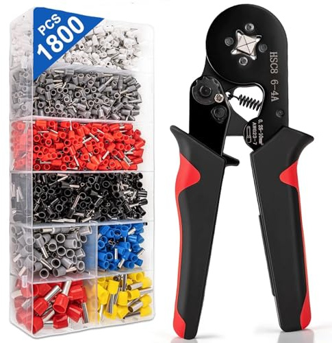 Ferrule Crimping Tool Kit, Wire Ferrules Kit Crimper Pliers with 1800PCS Wire Ends Terminals for AWG 23-7 (0.25-10mm²) Gauge, Self-Adjusting Ratchet Pliers for Audio, Automotive, DIY