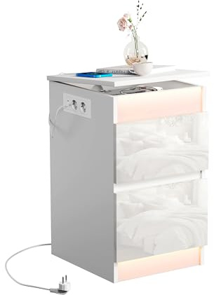 Table de Chevet avec Prise Électrique, Table de Nuit LED RGB blanc avec 2 Tiroirs Brillants et Couvercle Rabattable, 2 Prises CA, 2 Ports USB Table d'Appoint pour Chambre à Coucher Salon, 35 cm Large