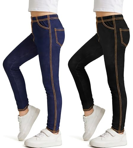 Tokeya Leggings Bambina Ragazze Jeans Vita Alta Elastici Jeggings, Confezione da 2, Comodo Traspirante Primavera e Autunno Lunghi Pantaloni con Tasche Casual Abbigliamento, 8-9 Anni, Nero e Blu Navy