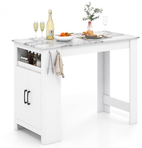 COSTWAY Bar Table, Rectangular Kitchen Counter Height Dining Breakfast Table with Storage Cabinet, Open Compartment & Adjustable Shelf, Modern Home Bar Unit (100 x 59 x 90cm, with 7 Hooks, White)
