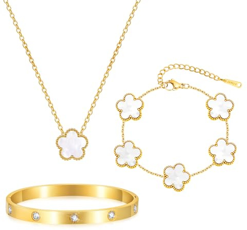 3 Stück Kleeblatt Armband Damen Gold, 18K Stapelbare Fünfblättriger Kleeblattschmuck Set, Halskette Tennis Armbänder, Edelstahl Armreif Zirkonia, Glückssymbolgeschenke Den Alltag Geburtstage Jahrestag