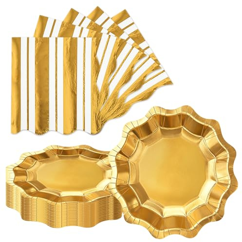 LDFDRT Gyllene Papptallrikar och Servetter Set 7 Tum (17,8cm), 20 Papptallrikar + 20 Guldservetter, Engångsservis Guld, Festservis För Födelsedag, Bröllop, Bordsdekoration Festligt