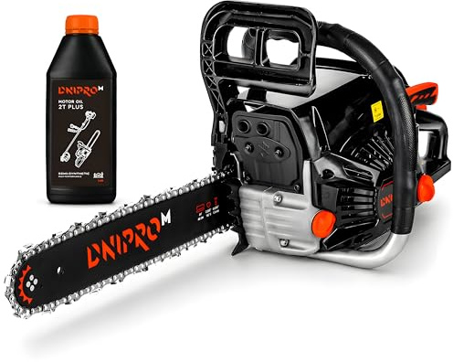 Dnipro-M Motosega a scoppio 2000W, 45cc, Lama 40cm, Motore 2 Tempi, Avviamento Facile, Anti-Vibrazione, Ideale per Tronchi Medi e Lavori Domestici. DSG-45HE. Include olio motore 2T