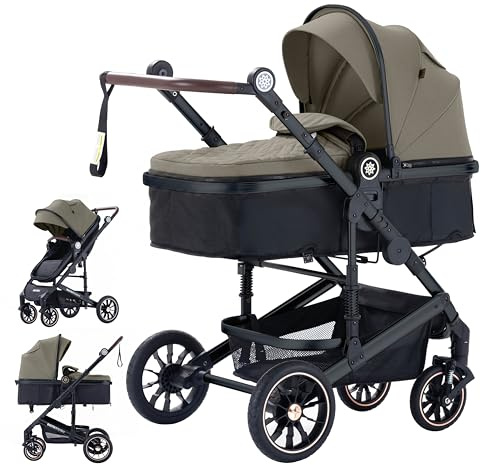 Daliya NEOMOVE - Passeggino 2 in 1, navicella e seggiolino sportivo in uno, telaio in alluminio, passeggino combinato con grande cestino per la spesa, per città e terreni (nero-marrone)