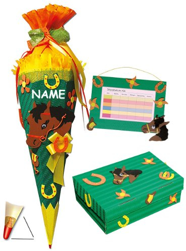 3 TLG. Set: BASTELSET Schultüte - Pferd Tiere Pferde 85 cm - incl. Namen + Schulbox + Stundenplan - Zuckertüte Roth - Mädchen Jungen Blumen zum Basteln Schula..
