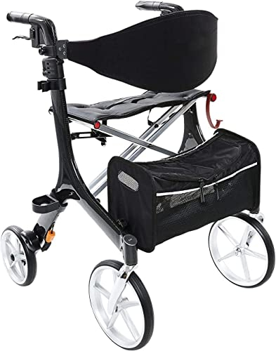 Besco Medical Carbon Rollator ultraleicht 5,7 kg - faltbar, höhenverstellbar, mit Sitz - Premium Gehhilfe mit Rückengurt, Netztasche, Stockhalter - Modell S Graphitgrau