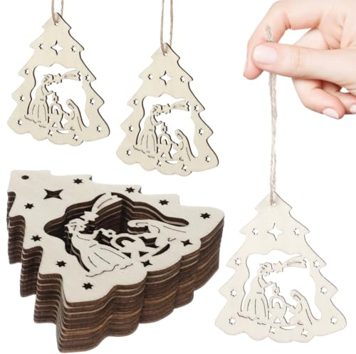 LUOEM Holzverzierungen Weihnachtliche Dekoration Die Geburt Jesu AnhäNger Mit Hanfseilen Rustikaler Baumschmuck FüR Weihnachtsbaum Und Bastelprojekte 3.15X2.95 Zoll