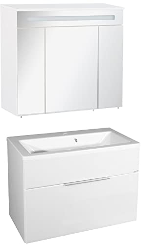 FACKELMANN Badmöbel Set Kara 3-TLG. 80 cm weiß mit Waschtisch Unterschrank & Keramikbecken & LED Spiegelschrank