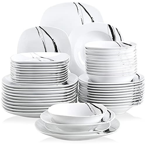 VEWEET TERESA 48 st bordsservis, 12 st platta tallrikar, 24,6 cm, ihålig tallrik, 21,5 cm, desserttallrik, 19 cm, spannmålsskålar, 17 cm, armhålor för 12 personer, svarta linjer