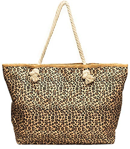 Kandharis Strandtasche Badetasche große Sommertasche Schultertasche Shopper mit Reissverschluss Leo Leo-Optik XL Damen ST-24 Braun