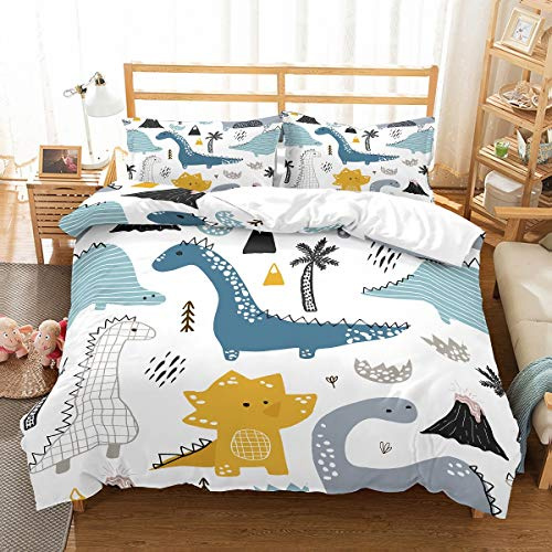 MOUMOUHOME Cartoon Dinos Boys Bedding Set King Size Blue Gray Yellow Dinosaurs Trees Volcanos Printed 3D Duvet Cover Set White for Kids 3 Pieces No Comforter