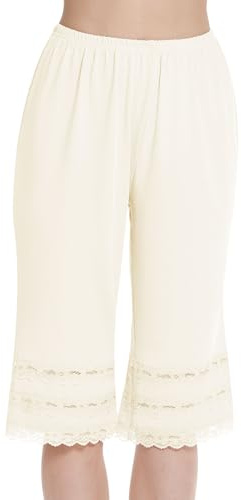 MANCYFIT Pettipant Half Slip for Women Bloomers 12-18 Inseam Wide Leg Lace Pajama Pants Beige Medium