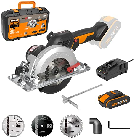 Worx WX531 20V PowerShare Cordless 120mm Brushless Compact Circular Saw with 1x 2.0Ah Battery & Charger – 41mm Cutting Depth, 6100 RPM, One-Handed Operation