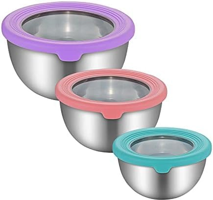 3 Pieces Stainless Steel Mixing Bowl Set Mixing Bowl with Visible Lids & Measuring Marks Nesting Metal Bowl Set for Cooking Baking Preparing Storage 1.5L/ 3L/ 5L