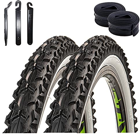 2 x Roverstone 26 Fahrradreifen Fahrradmantel schwarz/weiß 57-559 (26x2,125) + 2 Schläuche AV inkl. 3 Reifenheber