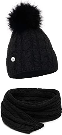 ELIMELI® Mütze Schal Damen Winter Kombi Set - warme Strickmütze Wintermütze mit Bommel und EIN passender XL Schal - Slouch Strick Beanie Bommelmütze Made in EU 15568 (Schwarz)