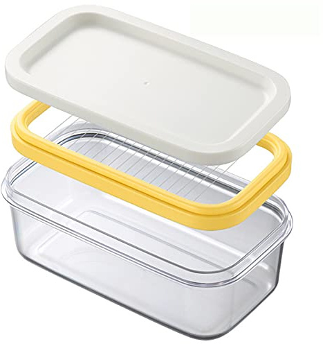 Mantequillera pequeña con tapa sellada, 2 en 1, plato transparente con cortador de acero inoxidable, caja rectangular para cortar y almacenar fácilmente.