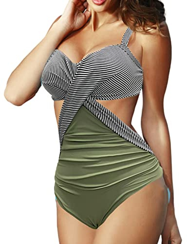 Rayson Baddräkt för kvinnor, blommigt tryck, monokini fram, korsad halterneck, push up, bandeau, utskuren hög midja, omlottbadkläder, gRÖN, XL
