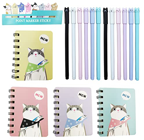 DUGYIRS 12 Pieces Cat Creative Gel Pens with 4 Pieces Small Notebooks and 1 Cat Sticky Note for Cat Lovers Home Office School Women Kids Gift