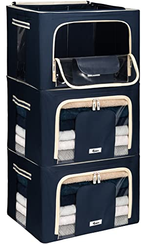 4CONVY feste faltbare Kleideraufbewahrung Box mit Reißverschlüss, Metallrahmen - [2024 VERBESSERTES MATERIAL] Aufbewahrungstasche für Bettdecken – stabile Aufbewahrungsbox für Kleidung - 3x66L