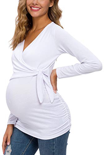 Love2Mi Haut d'allaitement à Manches Longues et col en V pour Femme, Blanc Long., XL
