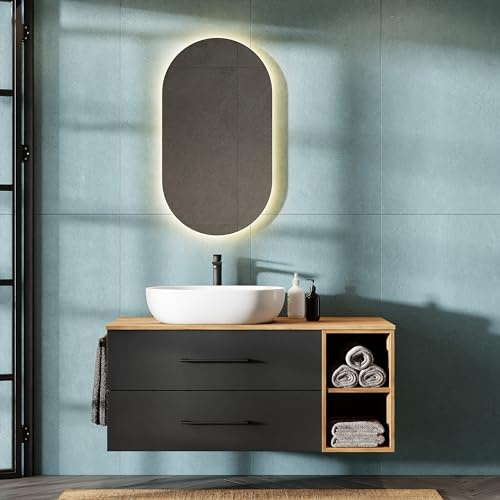 Planetmöbel LUX Set di mobili da bagno, composto da lavabo con mobiletto da 120 cm, lavabo soprapiano da 60 cm bianco, specchio da 50 cm (senza LED) Mobiletto sottolavabo Oro Rovere/Antracite