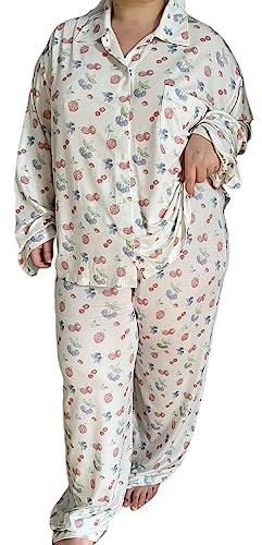 Damen 2 Stück Pyjama Set Cute Fruit Floral Printed Shirt Pant Sets Holiday Loungewear Nightwear