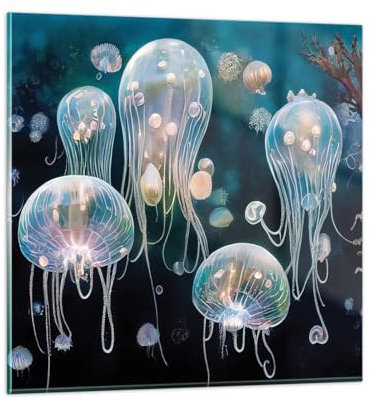 Bilder auf Glas 70x70cm Glasbild Qualle Tiere Tiefe Groß Wanddeko Bild im Glas Schlafzimmer Küche Deko Wandbilder Dekoration Wohnzimmer Modern Wall Decor Glasdruck Wand Kunstdruck Art GAC70x70-5609