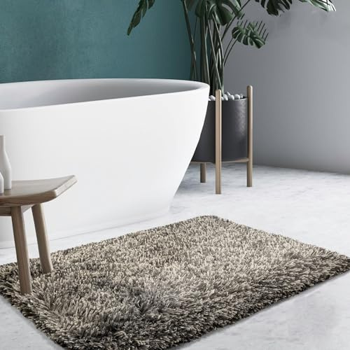 KARAT Badematte 80 x 150 cm schwarz braun weicher, flauschiger Badezimmerteppich in Shaggy Optik, Badvorleger rutschfest waschbar | Duschvorleger, Teppich Fußmatte für Badezimmer, Dusche, (Jazz Amour)