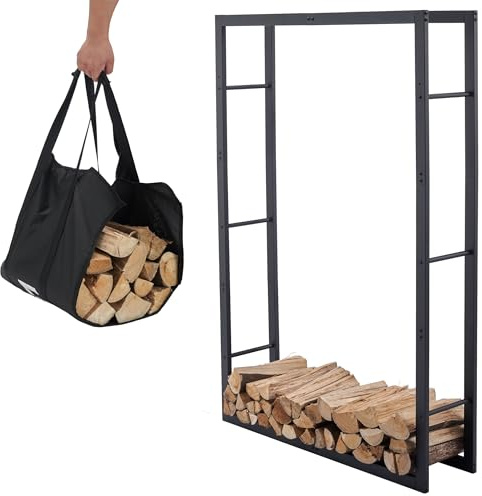 Lendo Online Kaminholzregal + Tragetasche - Innen & Außen - Feuerholzregal - Kaminholzständer - Brennholzregal - Schwarz - Metall (100x25x148cm)