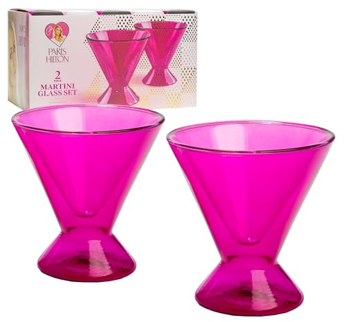 Paris Hilton 2-Piece Martini Glass Set, Double Wall Glass Design, Great for Martinis, Cocktails, Cosmopolitans, Margaritas, 7-Ounce, Hot Pink