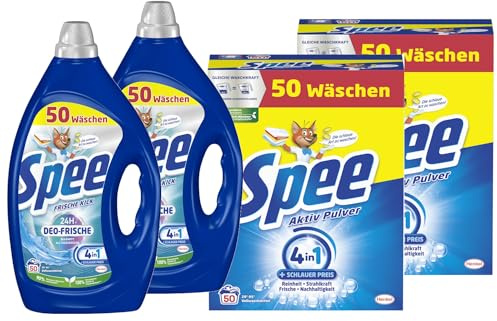 SPEE-Set Gel 2x 50 Waschladungen (100WL) Deo-Frische Frische-Kick & Pulver 2x 50 Waschladungen (100WL) Aktiv, Waschmittel mit 4 + 1 Formel, für Temperaturen von 20° - 95° C