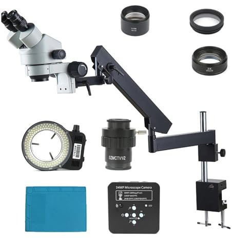 Mikroskop-Zubehör-Kit 34MP Videokamera Simul-Fokal 3,5X-90X Trinokular Stereomikroskop Gelenkarm Klemmmikroskop 0,5X 2,0X Objektiv Mikroskopische Objektträger