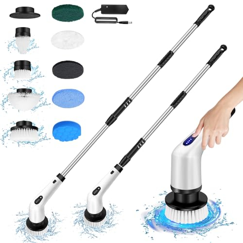 10 in 1 Electric Spin Scrubber, Cordless ​Shower Cleaner Bathroom Cleaning Brush Electric Scrubber Brush w/ 10 Replaceable Scrubber Brush Heads & Extension Handle, for Tile Wall Floor Window