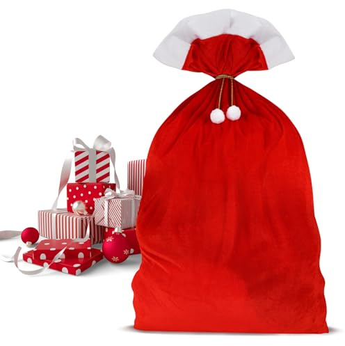 Wolkstello Weihnachtssack Groß, Weihnachtsmann Sack, Nikolaussack Santa Sack Geschenkesack, Christmas Sack Rot Weiß für Weihnachtsmann Accessoire Weihnachten Geschenke 70 x 100 cm