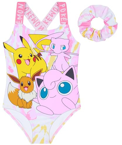 Pokémon Bañador Niña y Adolescente Una Pieza Bañadores Pikachu Bañador Natacion Traje de Baño con Coletero a Juego Regalo Niñas (5-6 Años, Rosa)