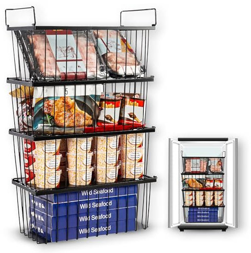 Lussora Freezer Organizer Bins - 4 Pack Stackable Chest Freezer Organizer for 7 Cu.FT Deep Freezers - Convenient Side Handles for Easy Food Access - White (Black)