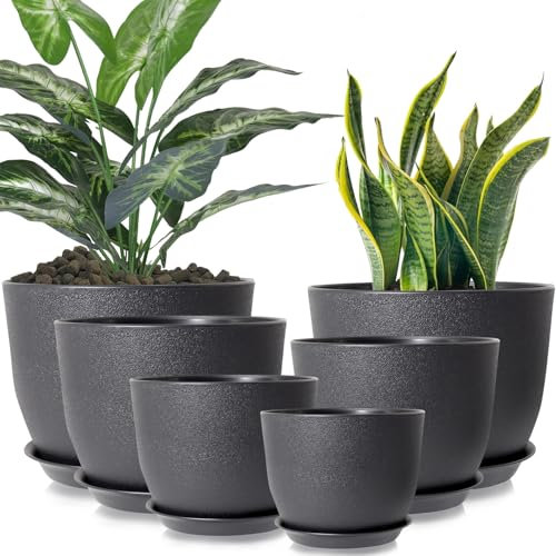 Duscdesp 25/23/20/18/16/12cm Plant Pots Indoor 6 Pcs Large Indoor Plant Pot,Flower Pot House Plastic Plant Pots,Plant Pot Outdoor with Drainage Holes and Saucer for Plant Flower (Black)