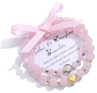 CrystalTears Mutter Tochter Armband Paar 6mm 8mm Rosenquarz Perelenarmband mit Silber Golden Herzanhänger Armschmuck für Mama Tochter Mädchen Muttertagsgeschenk