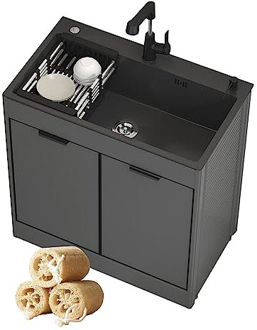 BOOZXCV Lavello da Cucina Nero a Vasca Singola e mobiletto Combinato lavello da Bagno, lavello da Incasso in Acciaio Inox, lavabo, lavello da Lavanderia, lavelli Neri