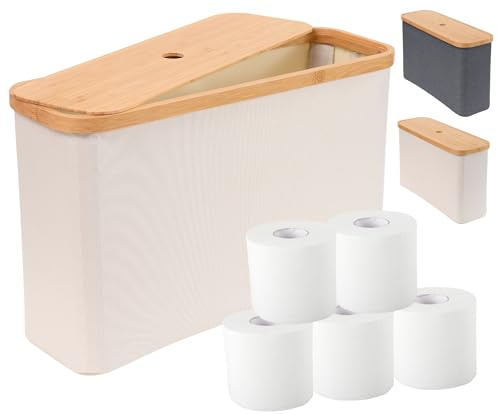 IHOMAGIC 19L Cesta de Almacenamiento de Papel Higiénico de Bambú, Versátil Cesta con Tapa Organizador De Baño, Plegable Soporte de Almacenamiento de Papel Higiénico, Beige