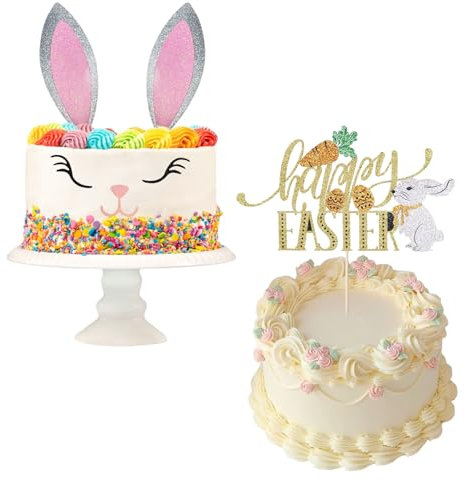 Decorazioni Pasquali per Torta 2 Set Decorazione Torta Coniglietto con Ciglia e Naso, Happy Easter Cake Topper Decorazioni Torta Pasqua per Feste Pasquali, Feste a Tema Coniglietto