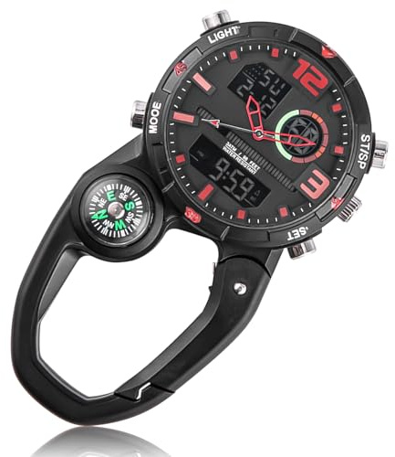 GOMETY Schwesternuhr Taschenuhr, Karabineruhren Leuchtende Schwesternuhr Uhr mit Karabiner Clip Krankenschwestern Uhren Multifunktionale Quarzuhr für Damen Herren Outdoor Rucksack Kletterer (rot)